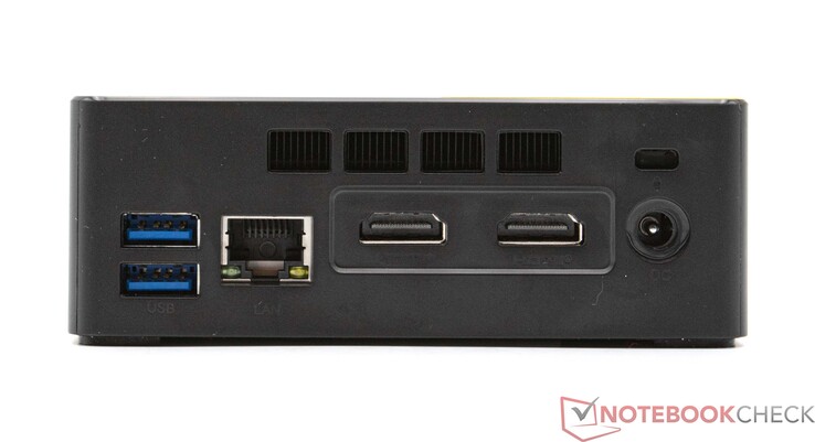 Bak: 2x USB 3.2 Gen2 (10 Gbps), GBit-LAN, 2x HDMI (max. 4K@60Hz), nätanslutning (12V 3.0A)