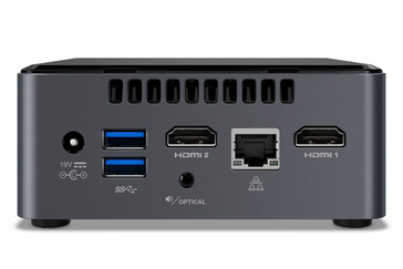 Baksida: Nätanslutning, USB 3.0 Typ A-port x2, HDMI-port x2, optisk ljudanslutning, RJ45 Ethernet-port.