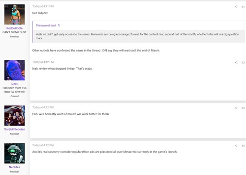 ResetEra forum inlägg på Marathon granskning försening