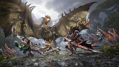 Jägare tar sig an en bevingad wyvern i samarbetsstrid i Monster Hunter Outlanders. 