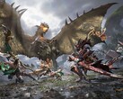Jägare tar sig an en bevingad wyvern i samarbetsstrid i Monster Hunter Outlanders. 