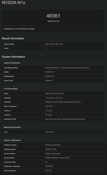 Nvidia N1X Geekbench GPU-prestanda (bildkälla: Geekbench)