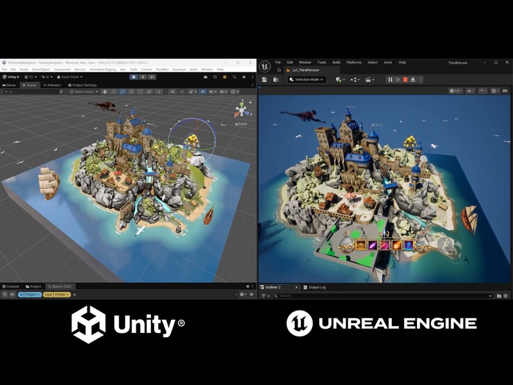 Demonstrationen jämför projektet Fantasy Kingdom som körs i Unity Editor med den version som renderas av Unreal Engine.
