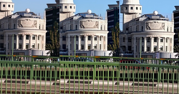 jämförelse av beskärning med 10x zoom: Vänster: Oppo med externt objektiv. I mitten: Vivo utan extern lins. Till höger: Oppo utan extern lins.