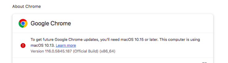 Chrome 116 (bilden) är den senaste versionen av Chrome som finns tillgänglig för macOS 10.13 och även om den fungerar ganska bra för tillfället, finns det ingen som säger hur länge detta kommer att vara. (Bildkälla: Skärmdump - Notebookcheck)