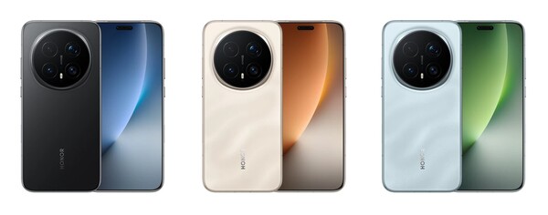 Honor Magic 8 Pro i färgerna Black, Sunrise Gold och Sky Cyan. (Bildkälla: Honor)