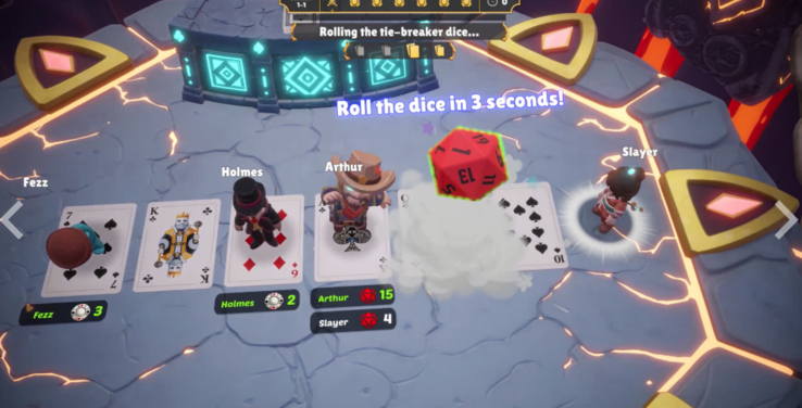 Multiplayer-spel i ”One Last Hand” där kort visas och en tärningskastning avgör vid oavgjort