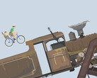 Spelsekvens från Happy Wheels som visar en pappa och ett barn som cyklar mot ett stort lok på en användarskapad hinderbana.