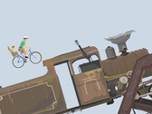 Spelsekvens från Happy Wheels som visar en pappa och ett barn som cyklar mot ett stort lok på en användarskapad hinderbana.