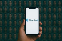 Smartphone med Clearview AI på, ansiktsdatabas i bakgrunden (Bildkälla: AI-generated)