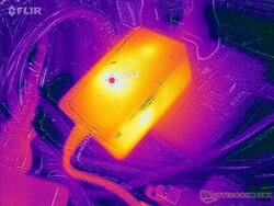 AC-adaptern kan nå över 41 C vid krävande belastning under långa perioder