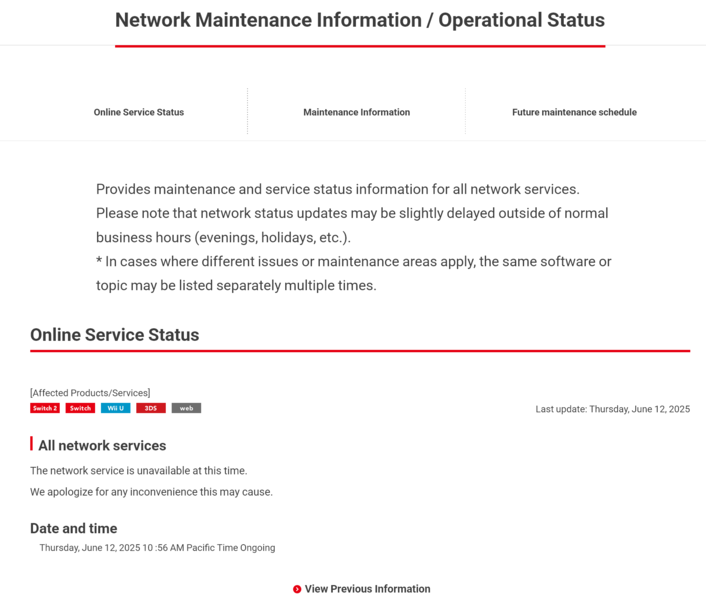 Statusmeddelande för Nintendo Switch Online (Bildkälla: skärmdump, Nintendo of Japan)