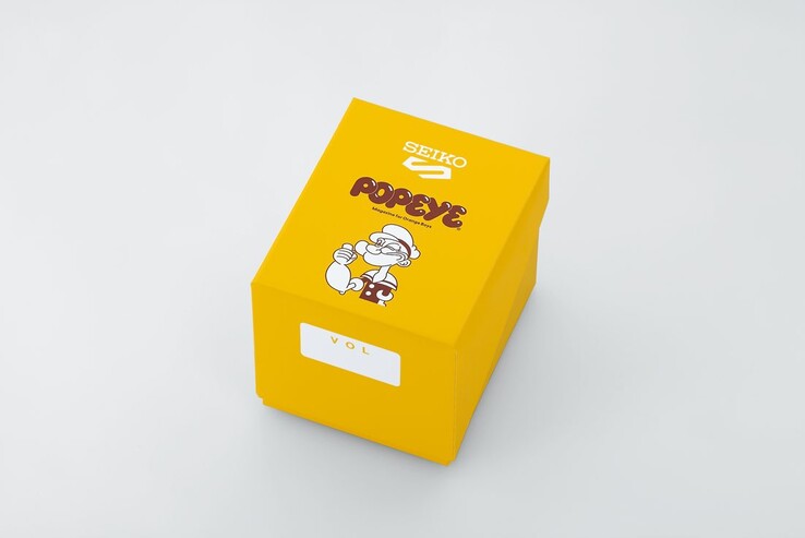 Gul specialutgåva av presentförpackningen till Seiko 5 Sports x Popeye HDB013 med Popeye-logotyp och jubileumsmotiv.