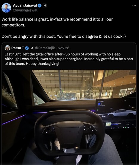 xAI-anställde Parsa Tajik hävdade att han hade arbetat i 36 timmar utan sömn. (Bildkälla: X)