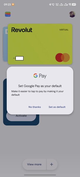 Ett nytt popup-fönster föreslår att du ställer in Google Pay som standardbetalningsmetod.