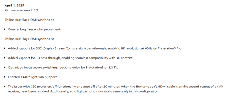 Ändringsloggen för firmwareversion 2.5.0 för Philips Hue Play HDMI sync-boxar. (Bildkälla: Philips Hue)