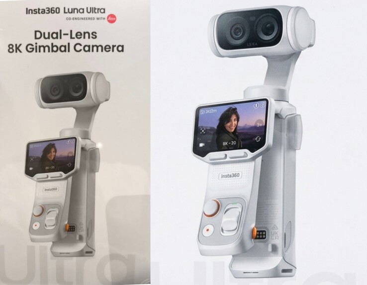 Insta360 Luna Ultra originalförpackning (vänster) jämfört med AI-förbättrad närbild (höger).