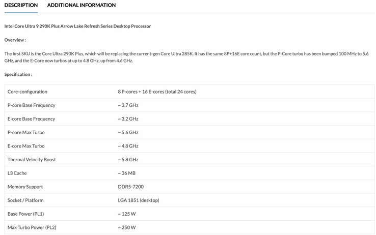 Tidigare läckta produktlistor för Core Ultra 9 290K Plus-processorn indikerade högre boostklockor.