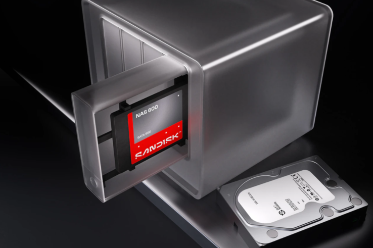 Sandisk NAS 600 SATA SSD visas i ett NAS-enhetsfack bredvid en hårddisk4