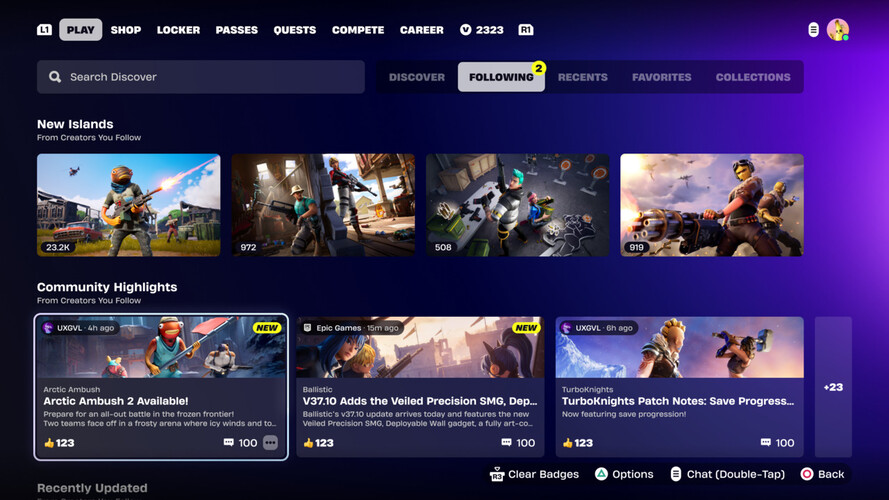 En skärmdump av en föreslagen Creator Communities-sektion i Fortnite. (Bildkälla: Epic Games)