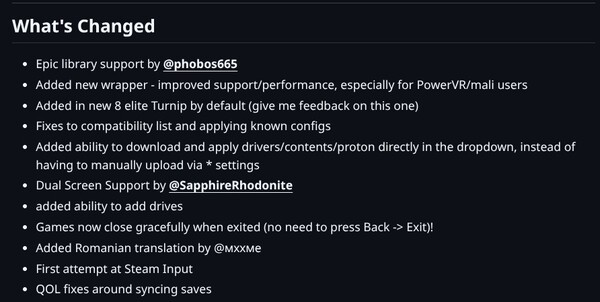 En skärmdump som visar changeloggen för GameNative version 0.7.1.