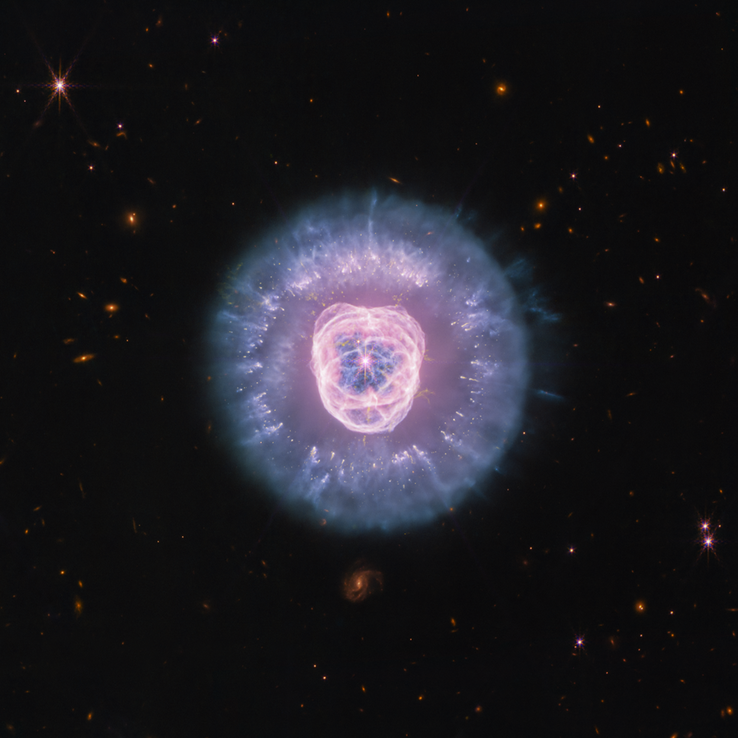 En bild av NGC 2392 tagen av James Webb-rymdteleskopet med hjälp av instrumenten NIRCam och MIRI.