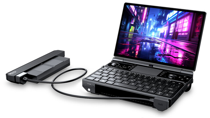 GPD Win Max 3 med sitt utbytbara batteri anslutet via en förlängningssladd.