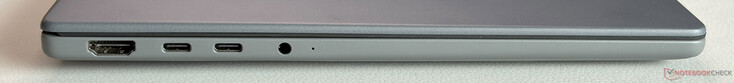 Vänster: HDMI 2.1, 2x USB-C 4.0 (40 Gbit/s, DisplayPort ALT-läge, Power Delivery), 3,5-mm ljud
