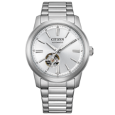 Citizen NH9150-52A automatisk klocka med silverfärgad urtavla med solstrålemönster, öppen hjärtdisplay ovanför klockan 6, boett i rostfritt stål och matchande armband.