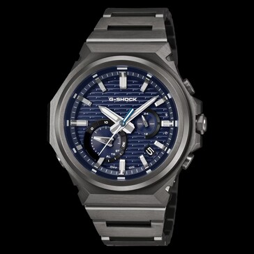 Frontvy av G-Shock GST-B1000BD-2A med blåmönstrad urtavla, boett i mörkt rostfritt stål och integrerat armband.