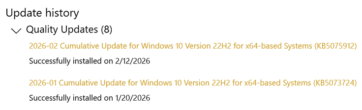 En av Notebookcheck-ägda Windows 10-datorer. KB5075912 installerades den 12 februari