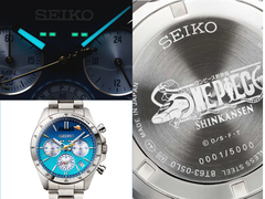 Den nya Seiko x One Piece Shinkansen-kronografen – tre olika bilder.