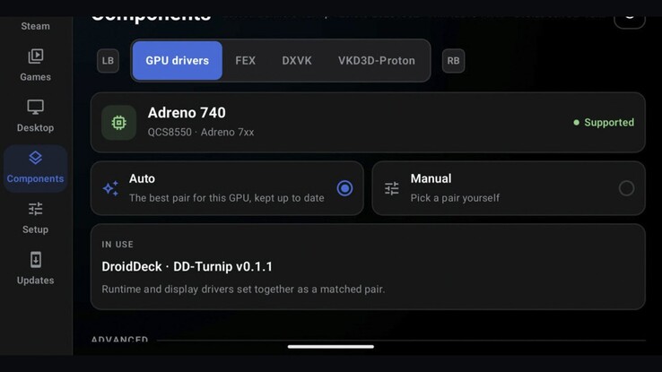 DroidDecks GPU-drivrutinsinställningar på en enhet med Adreno 740. Oberoende experimentella förgreningar utforskar stöd för PowerVR- och Mali-grafik.