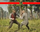 Red Dead Redemption 2-protagonisten Arthur Morgan slåss mot en NPC i Mortal Kombat-stil. (Bildkälla: Blurbs på YouTube, skärmdump)