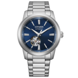 Citizen NH9150-52L automatisk klocka med blå urtavla med solstrålemönster, öppen hjärtöppning, armband i rostfritt stål och polerad bezel.