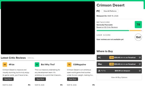 Crimson Desert Metascore visas på Metacritic