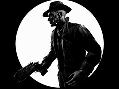 En svartvit bild tagen från sidan på Nick Valentine från Fallout 4