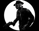 En svartvit bild tagen från sidan på Nick Valentine från Fallout 4