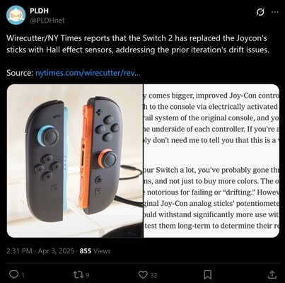 NY Times Wirecutter Switch 2 Joy-Cons intryck X post (Bildkälla: skärmdump, PLDH X-konto)