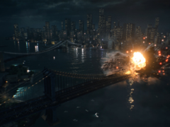 En skärmdump av den officiella avslöjande trailern för Battlefield 6 som visar en explosion på Manhattan Bridge (bildkälla: Battlefield YT)