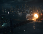En skärmdump av den officiella avslöjande trailern för Battlefield 6 som visar en explosion på Manhattan Bridge (bildkälla: Battlefield YT)