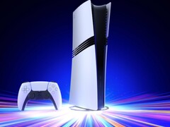 Sony PlayStation 5 Pro-konsolen på ett vertikalt stativ med en DualSense-kontroll