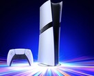Sony PlayStation 5 Pro-konsolen på ett vertikalt stativ med en DualSense-kontroll