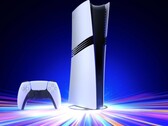 Sony PlayStation 5 Pro-konsolen på ett vertikalt stativ med en DualSense-kontroll
