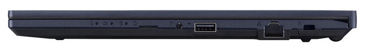 Höger sida: minneskortläsare (MicroSD, tillval), ljudkombination, USB 2.0 (USB-A), Gigabit Ethernet, plats för ett kabellås