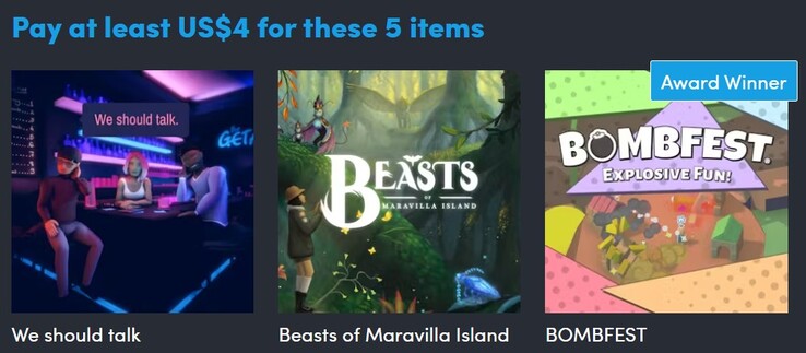 Dekorativ bild. Den första nivån innehåller 5 spel och kostar $4 (Bildkälla: Humble Bundle)