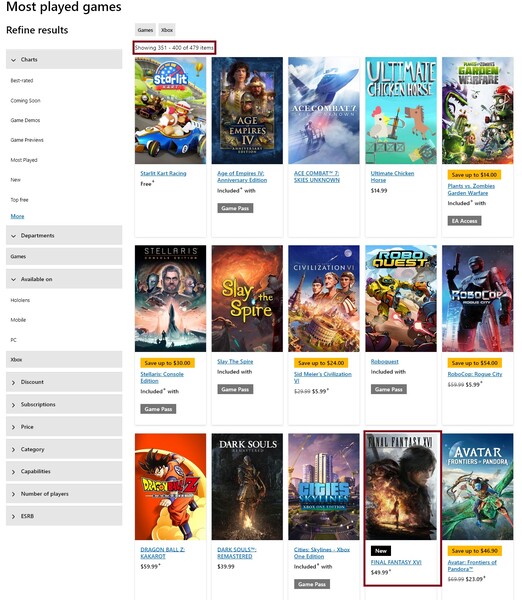 Mest spelade Xbox-spel med Final Fantasy 16 (Bildkälla: skärmdump, Microsoft)