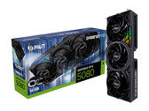 En reklambild med vit bakgrund som visar en låda för Palit RTX 5080 OC Gaming Pro med kortet vertikalt bredvid. (Bildkälla: Palit)