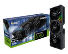 En reklambild med vit bakgrund som visar en låda för Palit RTX 5080 OC Gaming Pro med kortet vertikalt bredvid. (Bildkälla: Palit)