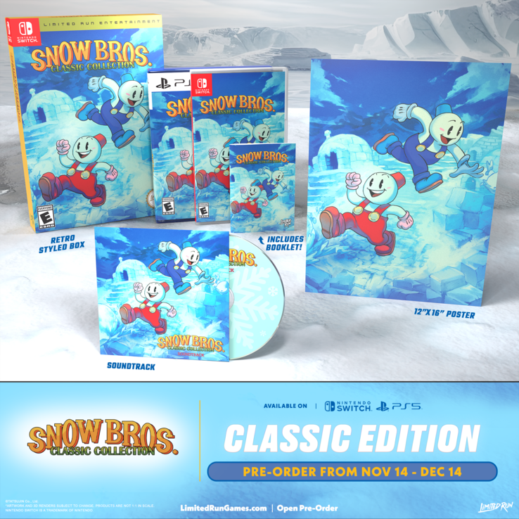 En mockup-banner som visar upp Snow Bros. Classic Collection Classic Edition (bildkälla: Limited Run Games)